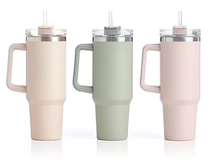 Kinvara Vaso con Pajita y Asa, Doble Capa, 1.2 Litros, Surtido Colores (Beige/Rosa/Verde), 14.5x30x10 cm (Set de 12)