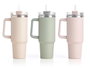 Kinvara Vaso con Pajita y Asa, Doble Capa, 1.2 Litros, Surtido Colores (Beige/Rosa/Verde), 14.5x30x10 cm (Set de 12)