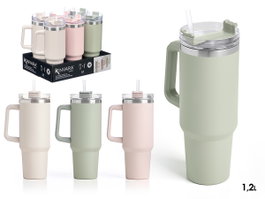 Kinvara Vaso con Pajita y Asa, Doble Capa, 1.2 Litros, Surtido Colores (Beige/Rosa/Verde), 14.5x30x10 cm (Set de 12)
