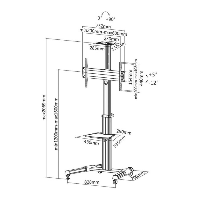 ROLINE 17031260 Soportes para TV con Ruedas, Piso, Plata, Ajuste de Altura e Inclinación, Pantalla 37-70 Pulgadas (94-177.8 cm), Hasta 50 kg, Montaje VESA 200x200 a 600x400 mm