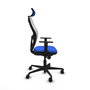 Silla de oficina Jorquera con mecanismo Sincro tapizada con Tela color Azul y malla color Blanco. Equipada con lumbar 1D, Brazos 1D, Cabecero 2D y Ruedas 65mm nailon