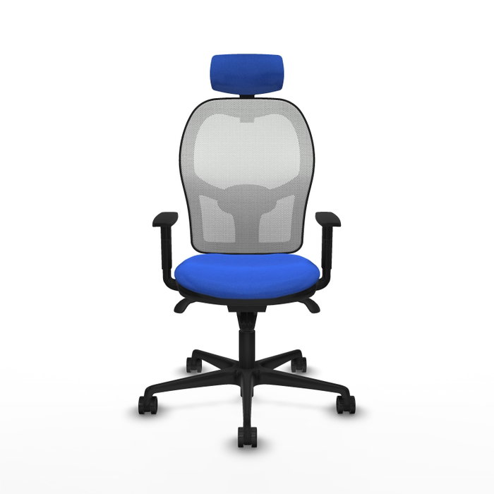 Silla de oficina Jorquera con mecanismo Sincro tapizada con Tela color Azul y malla color Blanco. Equipada con lumbar 1D, Brazos 1D, Cabecero 2D y Ruedas 65mm nailon