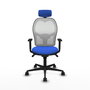 Silla de oficina Jorquera con mecanismo Sincro tapizada con Tela color Azul y malla color Blanco. Equipada con lumbar 1D, Brazos 1D, Cabecero 2D y Ruedas 65mm nailon