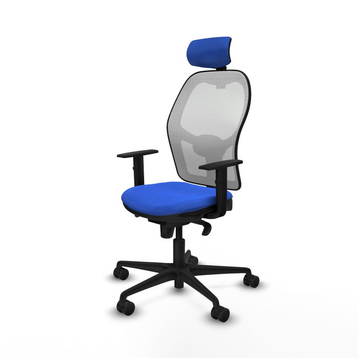 Silla de oficina Jorquera con mecanismo Sincro tapizada con Tela color Azul y malla color Blanco. Equipada con lumbar 1D, Brazos 1D, Cabecero 2D y Ruedas 65mm nailon