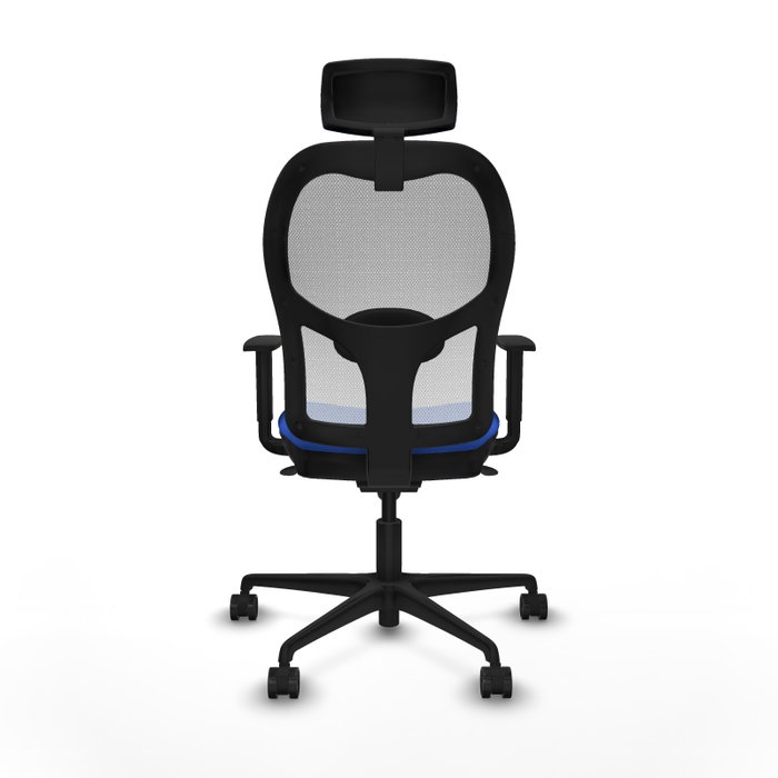 Silla de oficina Jorquera con mecanismo Sincro tapizada con Tela color Azul y malla color Blanco. Equipada con lumbar 1D, Brazos 1D, Cabecero 2D y Ruedas 65mm nailon
