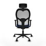 Silla de oficina Jorquera con mecanismo Sincro tapizada con Tela color Azul y malla color Blanco. Equipada con lumbar 1D, Brazos 1D, Cabecero 2D y Ruedas 65mm nailon