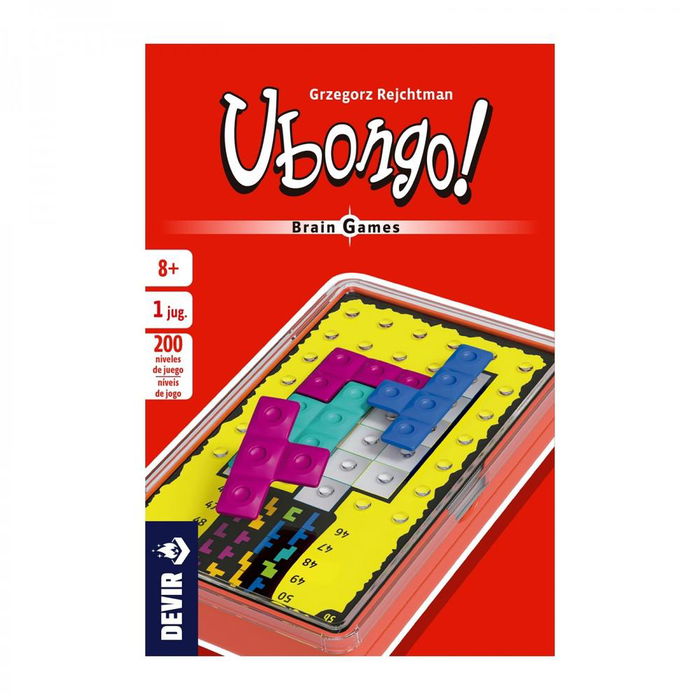 Devir UBONGO Brain Game - Juego de Mesa Individual de Lógica, 200 Desafíos Progresivos, para +8 Años, 15 Piezas Poliminó, Formato Compacto, Idioma Castellano y Portugués