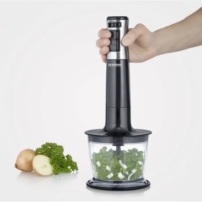 Severin Batidora de mano 3 en 1 SM3772 - 600W - Base desmontable - Picadora mini - Batidora - Vaso 700ml - Libre de BPA - Negro/Acero inoxidable