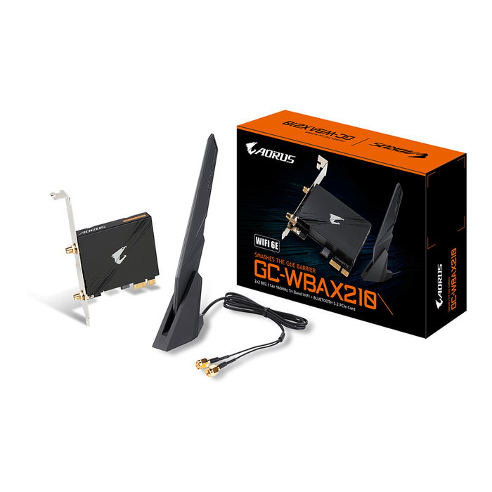 Gigabyte GC-WBAX210 - Tarjeta WLAN + Bluetooth Interna PCI Express, Wi-Fi 6E (802.11ax) Intel AX210, Tri-Banda 2400 Mbps, Antenas Externas, Color Negro