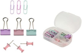POESSA Set Variado de Escritorio Clips, Pinzas, Palas y Chinchetas Pastel