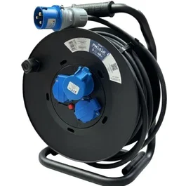 Phasak BN 3478 Regleta Enrollable Eléctrica, 2 Tomas Schuko + 1 Enchufe Industrial 2P+TT, Protección Sobretensión, Cable 40m, 3000W, Negro/Azul