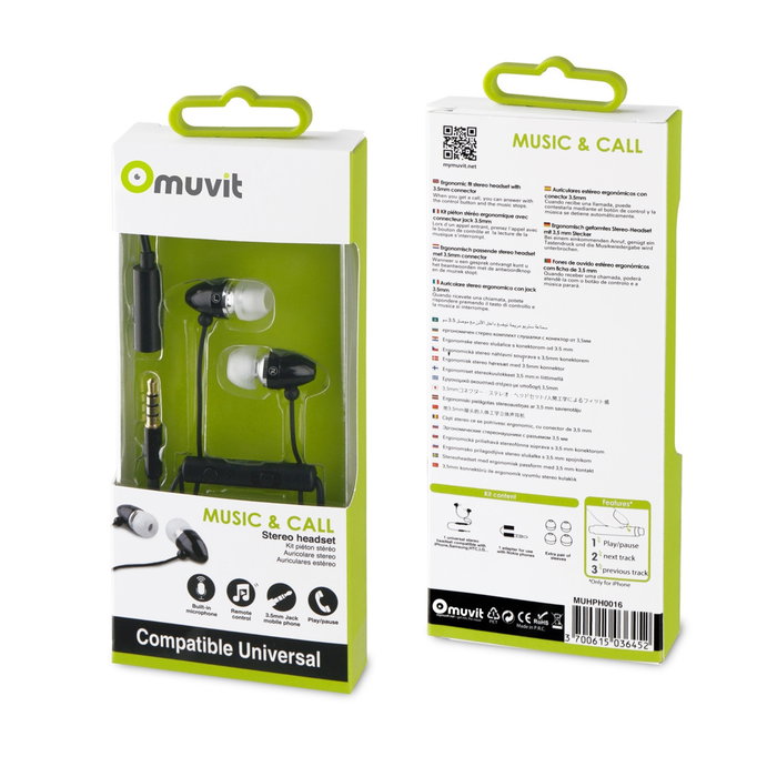 Muvit MUHPH0016 Auriculares Intrauditivos Negros con Micrófono Manos Libres y Adaptador 3.5mm/2.5mm