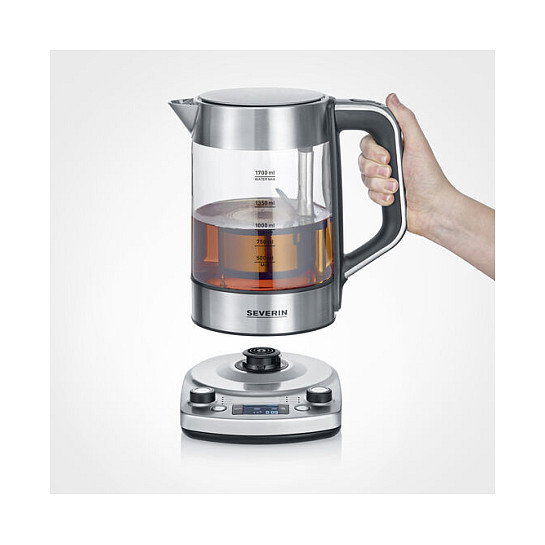 Severin Tetera Eléctrica WK 3422 Professional de Acero Inoxidable y Vidrio, 1.7 Litros, 3000W, 12 Temperaturas, Función Mantener Caliente, Apagado Automático