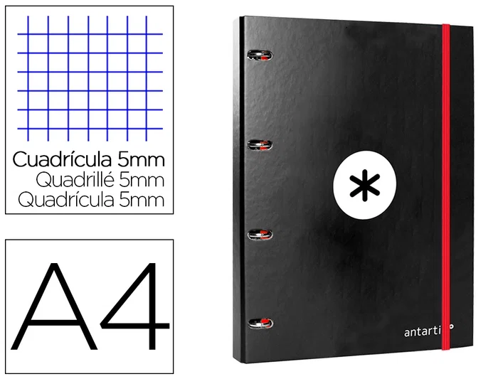 Antartik Carpeta con recambio a4 cuadro 5mm forrada 4 anillas 25mm redondas color negro 100 hojas 100 g/m² Antartik Carpeta con recambio a4 cuadro 5mm forrada 4 anillas 25mm redondas color negro 100 hojas 100 g/m²
