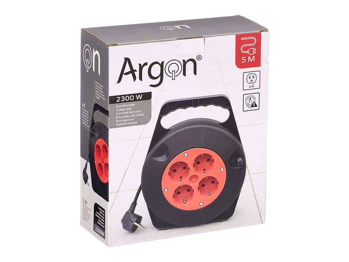 Argon Cable Enrollable 5 Metros Eléctrico 4 Enchufes 2300W Negro/Rojo 25.2x24x9 cm (Set de 6)