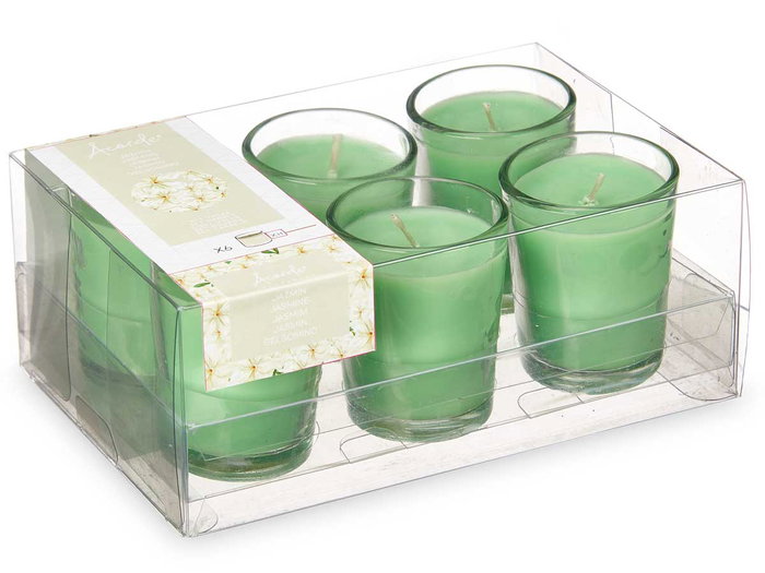 Acorde Set 6 Velas en Vaso de Vidrio Aroma Jazmín 16 x 11 x 6.5 cm (Set de 12) Acorde Set 6 Velas en Vaso de Vidrio Aroma Jazmín 16 x 11 x 6.5 cm (Set de 12)