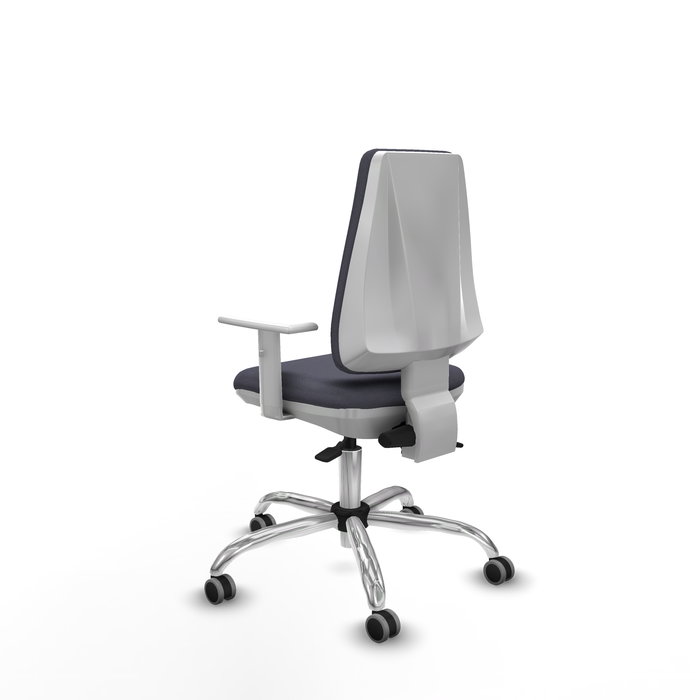 Silla de oficina Elche con mecanismo Asincro tapizada con Tela color Gris oscuro. Equipada con Base cromada, Reposabrazos blancos y Ruedas 65 mm parqué