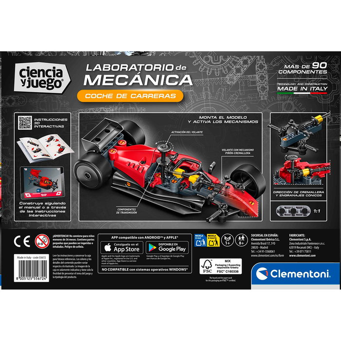 Clementoni 55672 Mechanics - Coche de Carreras, Kit de Construcción para Montar, Modelo Realista con Ruedas, Engranajes y Pistones con Movimiento, Para +8 Años