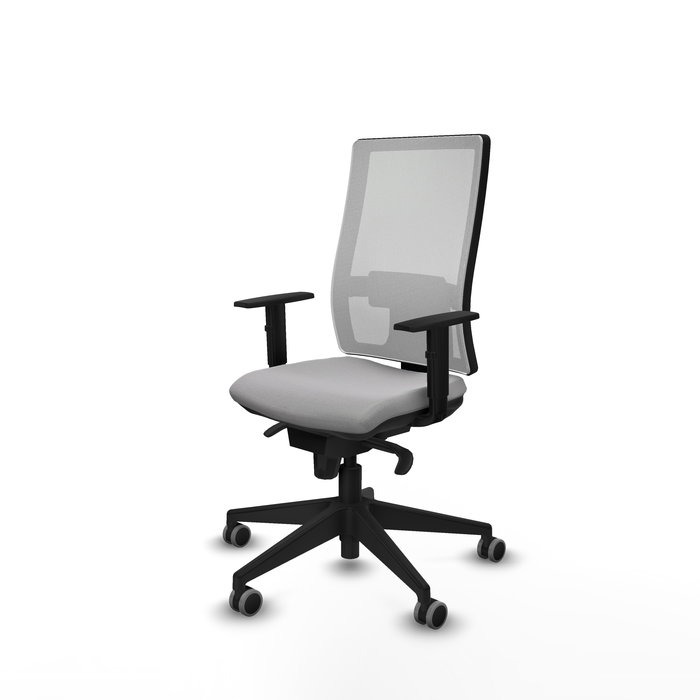 Silla de oficina Horna con mecanismo Sincro tapizada con Tela color Gris claro y malla color Blanco. Equipada con lumbar 1D, Brazos 1D y Ruedas 65 mm parqué