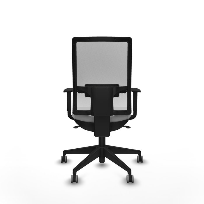 Silla de oficina Horna con mecanismo Sincro tapizada con Tela color Gris claro y malla color Blanco. Equipada con lumbar 1D, Brazos 1D y Ruedas 65 mm parqué