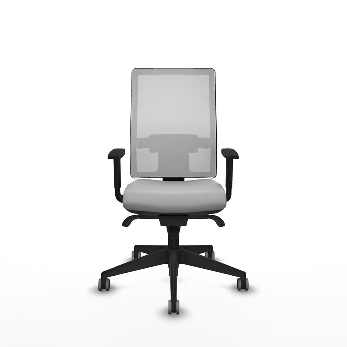 Silla de oficina Horna con mecanismo Sincro tapizada con Tela color Gris claro y malla color Blanco. Equipada con lumbar 1D, Brazos 1D y Ruedas 65 mm parqué