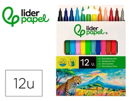 Liderpapel Rotulador Slim Caja 12 Unidades Colores Surtidos Punta Fina 2 mm Tinta Base Agua Lavable