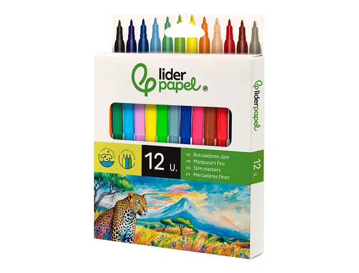 Liderpapel Rotulador Slim Caja 12 Unidades Colores Surtidos Punta Fina 2 mm Tinta Base Agua Lavable