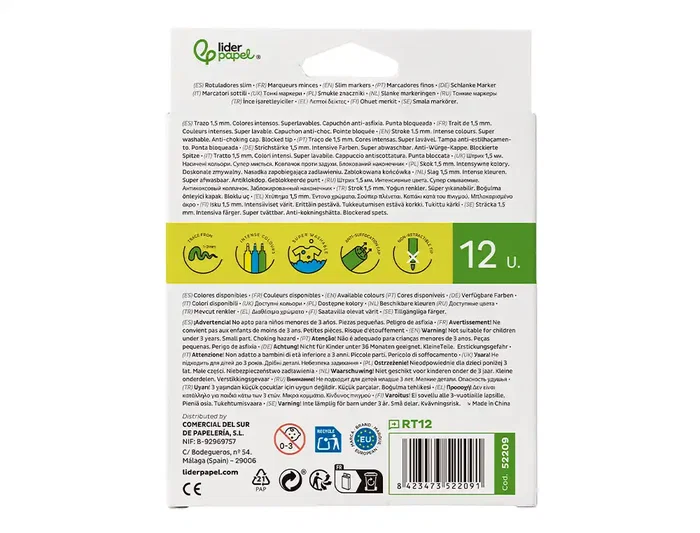 Liderpapel Rotulador Slim Caja 12 Unidades Colores Surtidos Punta Fina 2 mm Tinta Base Agua Lavable