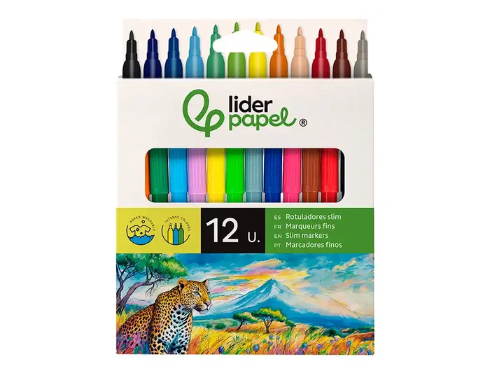Liderpapel Rotulador Slim Caja 12 Unidades Colores Surtidos Punta Fina 2 mm Tinta Base Agua Lavable