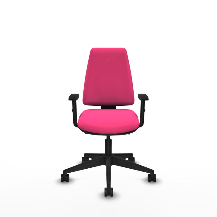 Silla de oficina Elche con mecanismo Asincro tapizada con Similpiel color Rosa. Equipada con Base piramidal negra, Brazos 1D y Ruedas 65mm nailon