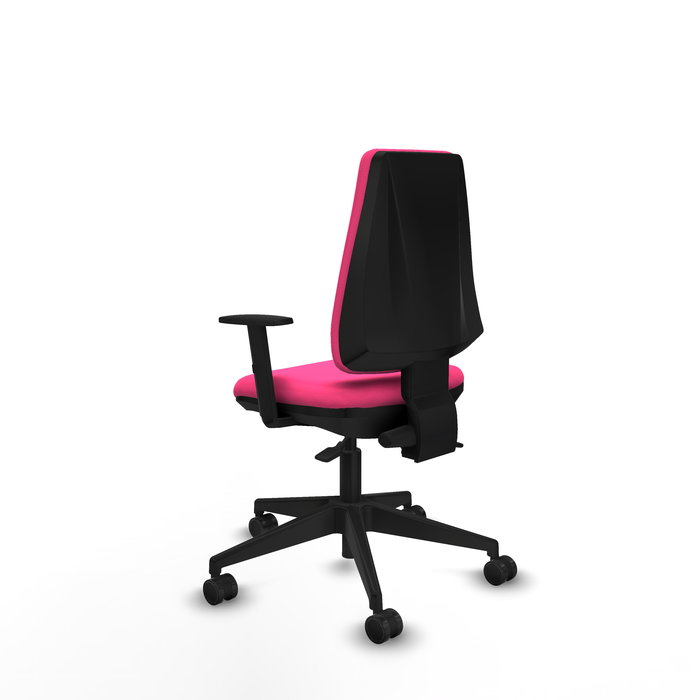 Silla de oficina Elche con mecanismo Asincro tapizada con Similpiel color Rosa. Equipada con Base piramidal negra, Brazos 1D y Ruedas 65mm nailon