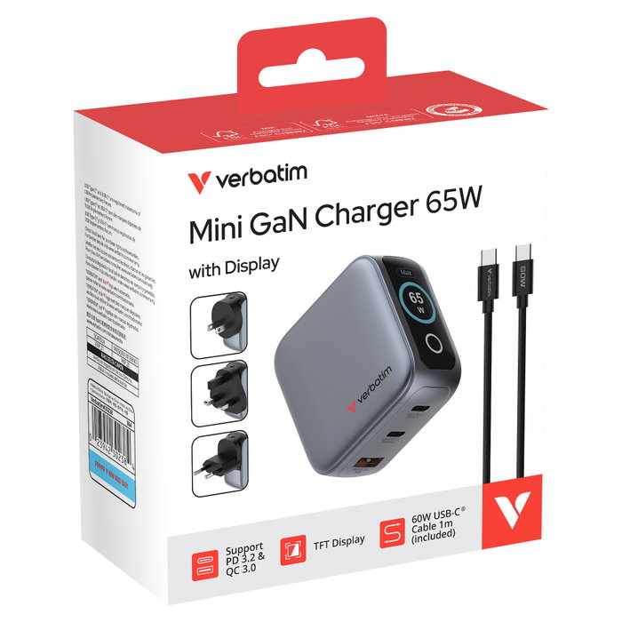 Verbatim Mini GaN Charger 65W con Pantalla TFT (2xUSB-C + 1xUSB-A) Verbatim Mini GaN Charger 65W con Pantalla TFT (2xUSB-C + 1xUSB-A)