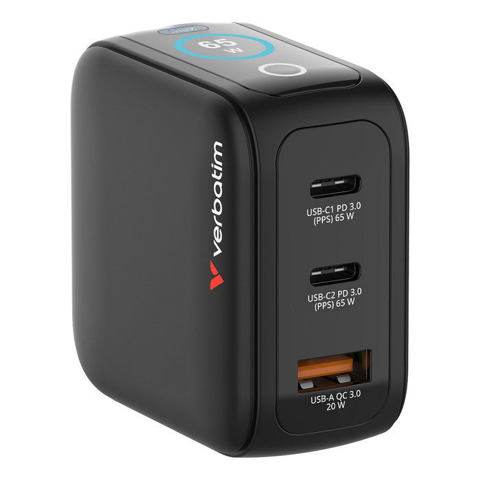 Verbatim Mini GaN Charger 65W con Pantalla (2xUSB-C, 1xUSB-A)