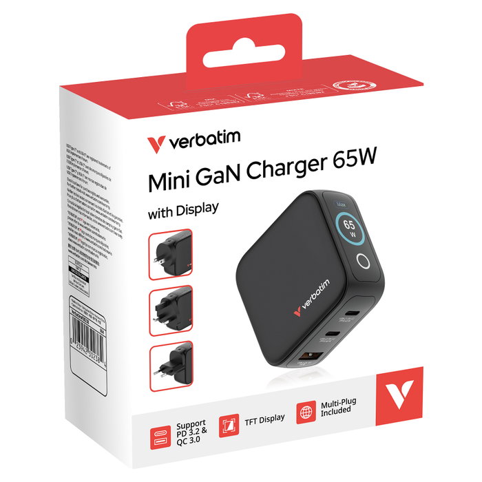 Verbatim Mini GaN Charger 65W con Pantalla (2xUSB-C, 1xUSB-A)