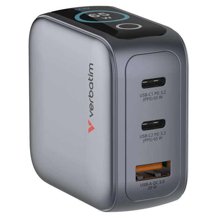 Verbatim Mini GaN Charger 65W con Pantalla (2xUSB-C, 1xUSB-A)