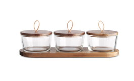 DKD Home Decor Set de 4 Cuencos de Acacia y Cristal Marrón
