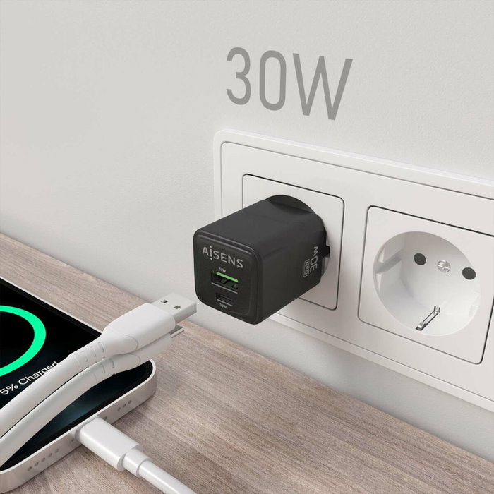 Aisens Cargador GaN 30W con USB-C y USB-A, Negro Aisens Cargador GaN 30W con USB-C y USB-A, Negro