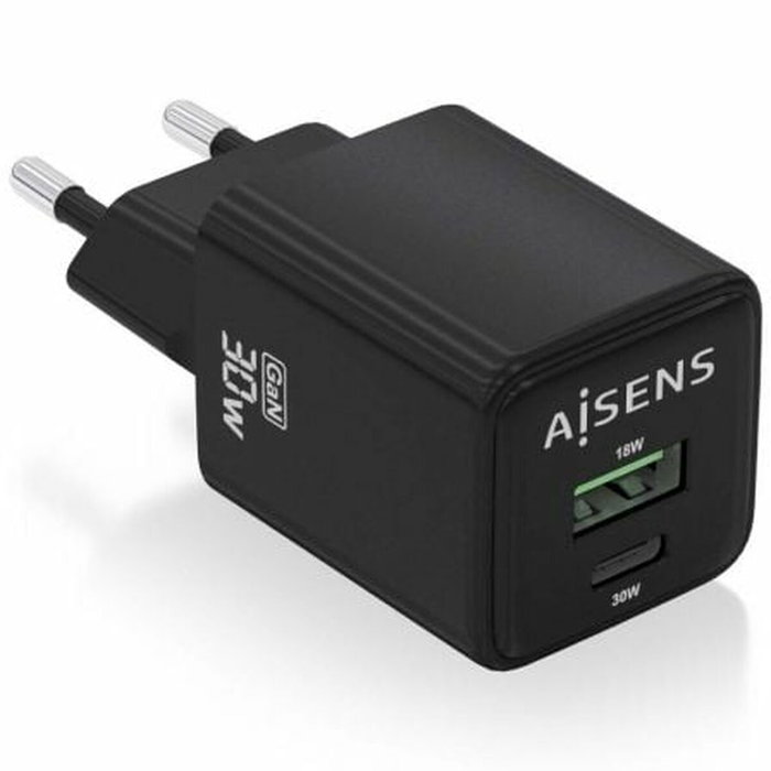 Aisens Cargador GaN 30W con USB-C y USB-A, Negro Aisens Cargador GaN 30W con USB-C y USB-A, Negro