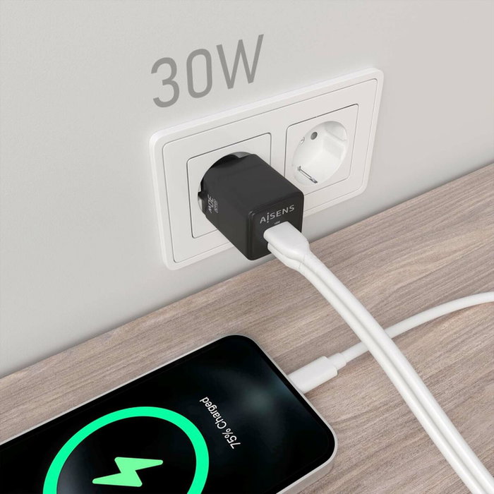 Aisens Cargador GaN 30W con USB-C y USB-A, Negro Aisens Cargador GaN 30W con USB-C y USB-A, Negro