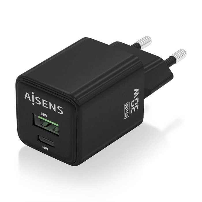 Aisens Cargador GaN 30W con USB-C y USB-A, Negro Aisens Cargador GaN 30W con USB-C y USB-A, Negro