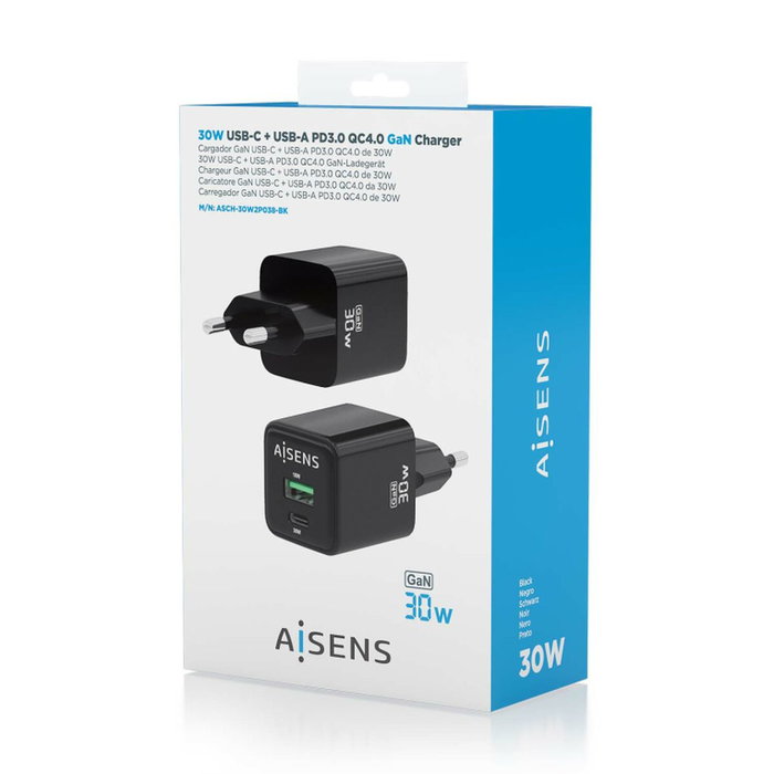Aisens Cargador GaN 30W con USB-C y USB-A, Negro Aisens Cargador GaN 30W con USB-C y USB-A, Negro