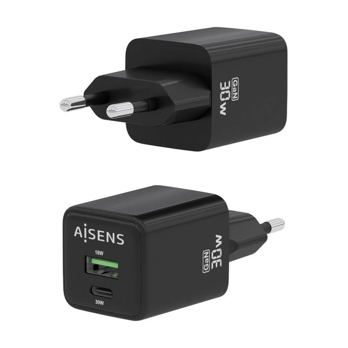Aisens Cargador GaN 30W con USB-C y USB-A, Negro Aisens Cargador GaN 30W con USB-C y USB-A, Negro