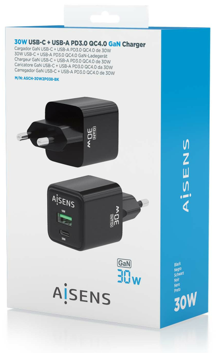 Aisens Cargador GaN 30W con USB-C y USB-A, Negro Aisens Cargador GaN 30W con USB-C y USB-A, Negro