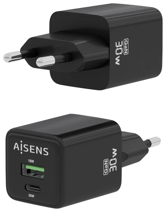 Aisens Cargador GaN 30W con USB-C y USB-A, Negro Aisens Cargador GaN 30W con USB-C y USB-A, Negro
