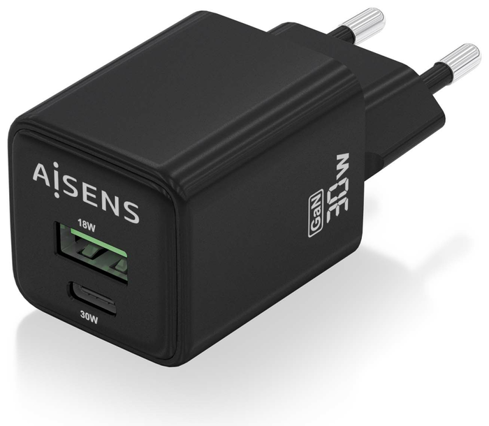 Aisens Cargador GaN 30W con USB-C y USB-A, Negro Aisens Cargador GaN 30W con USB-C y USB-A, Negro