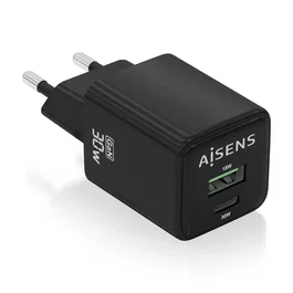 Aisens Cargador GaN 30W con USB-C y USB-A, Negro ASCH-30W2P038-BK