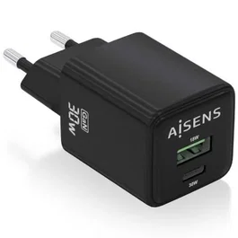 AISENS - CARGADOR GaN 30W, 1xUSB-C PD3.0 QC4.0, 1xUSB-A QC3.0, NEGRO