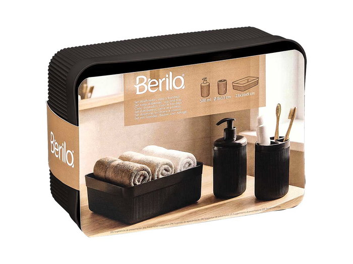 BERILO Set de dispensador con vaso y bandeja de rayas negro BERILO Set de dispensador con vaso y bandeja de rayas negro