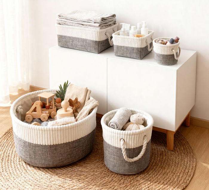 Inde Cesta de Almacenaje Redonda 40 x 30 cm, de Mimbre o Ratán Natural, para Ropa, Juguetes o Decoración del Hogar (12 Unidades)