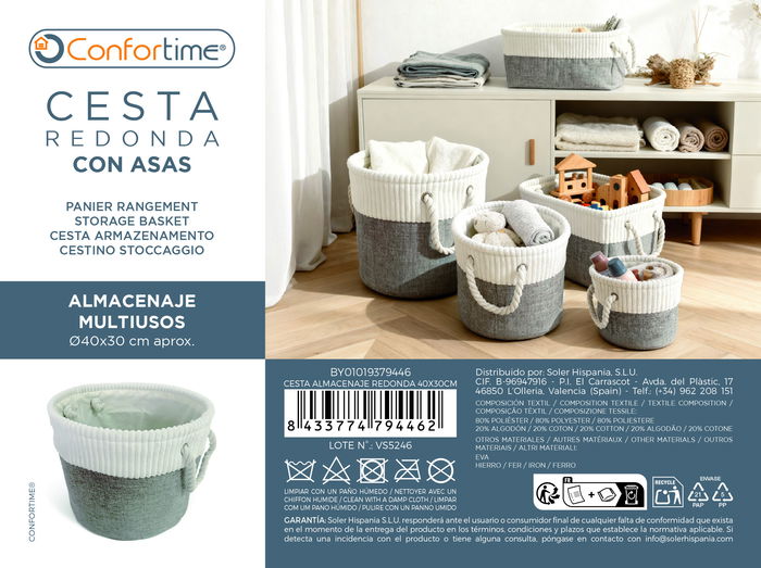 Inde Cesta de Almacenaje Redonda 40 x 30 cm, de Mimbre o Ratán Natural, para Ropa, Juguetes o Decoración del Hogar (12 Unidades)